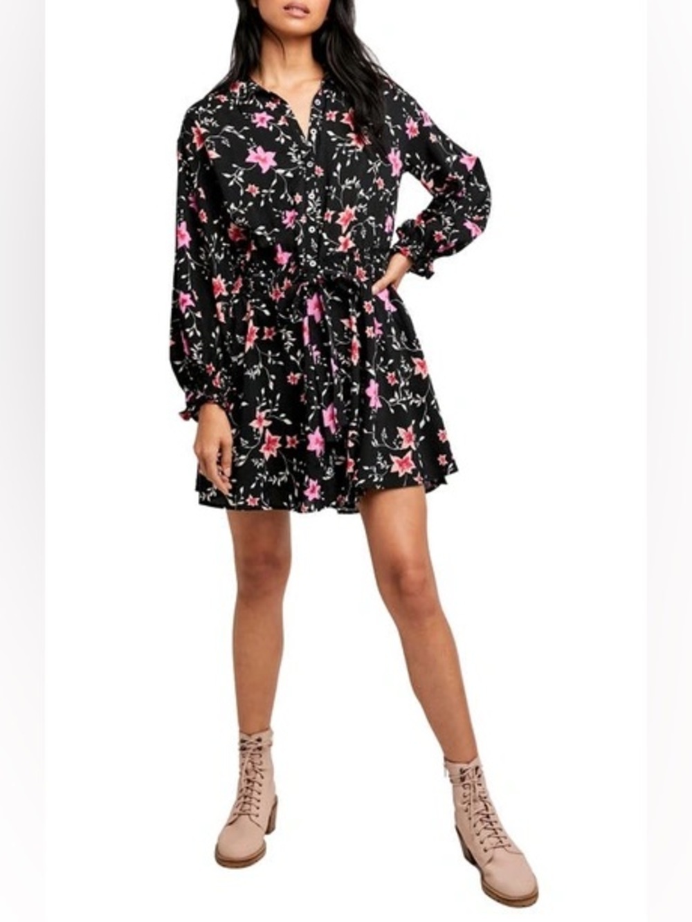 Free People Black Mini Dress with Pink Floral Print
